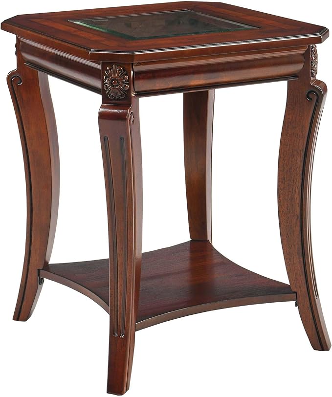 2-Set Solid Wood Side Table with Storage Shelf, 2-Tier Square End Tables Living Room, Traditional Style End Table, Vintage Beside Table with Curved Legs and Glass Tabletop, Cherry Walnut Accent Table