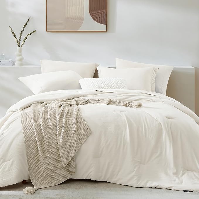 WRENSONGE Queen Comforter Set - 7 Pieces White Soft Bed in a Bag Queen with Fitted Sheet, Flat Sheet, 2 Pillow Shams, and 2 Pillowcases- Warm Bedding Sets for All Season