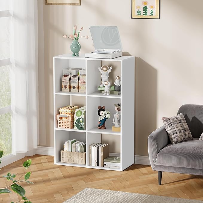 6 Cube Storage Organizer, Open Bookshelf Storage Cubes Shelf with Back Panel, Wooden Display Shelf Bookcase Standing Shelves for Living Room, Bedroom, Home Office (White, 6-Cube)