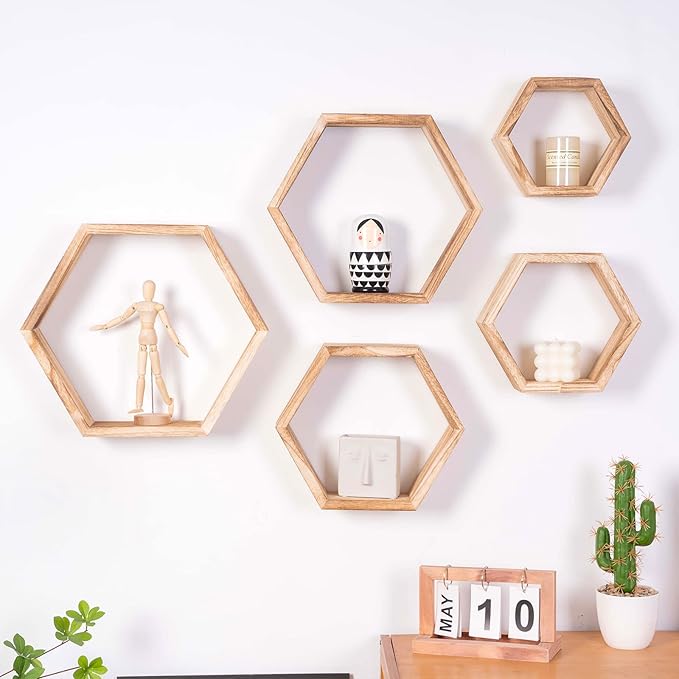 WONFUlity Hexagon Floating Shelves Honeycomb Shelves Wall Mounted Wood Farmhouse Storage Wall Shelf for Bathroom, Kitchen, Bedroom, Living Room,Driftwood Finish Decor,Light Brwon