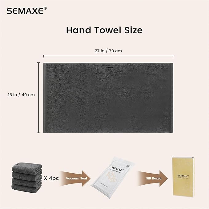 SEMAXE Gray Hand Towels for Bathroom, 4-Pack Cotton Towels with Hanging Loop, Quick-Drying, Easy Care