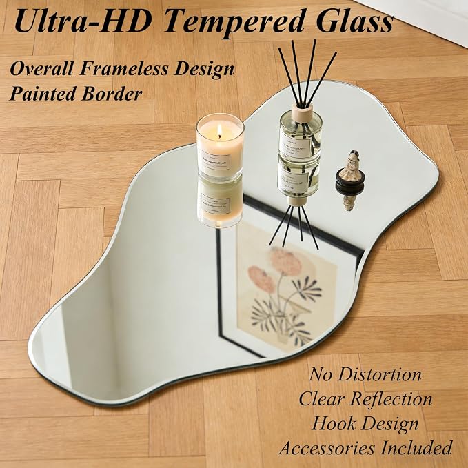 Irregular Frameless Mirror, 47.2"x24" Silver Asymmetrical Tempered Glass Mirror, Organic Shaped Wall Mirrors for Entryway Bedroom Living Room Bathroom, Horizontal or Vertical Hanging