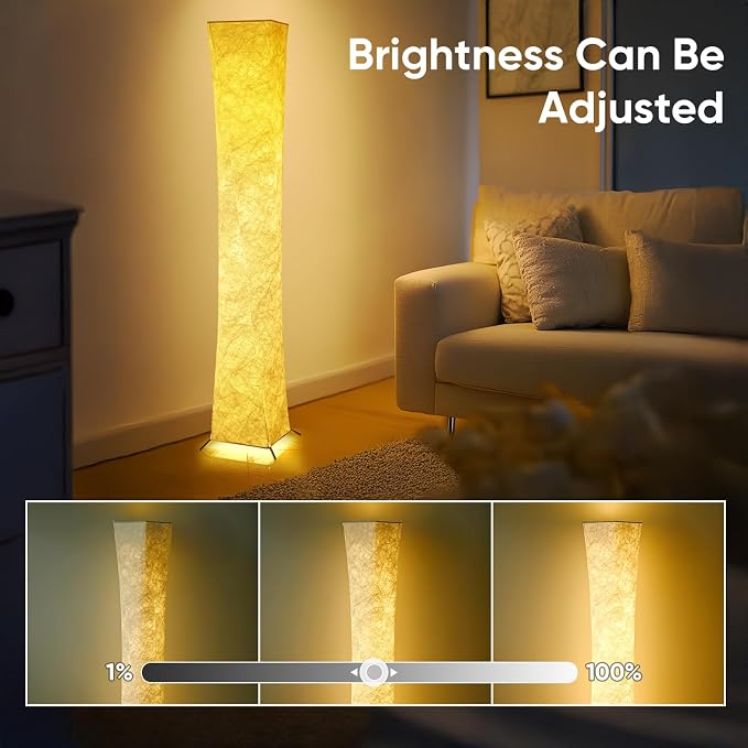 YIEONSHION Modern Floor Lamp with Soft Light, 52 Inch, Remote Control for 3 Colors & Brightness, Energy Efficient LED Tyvek Fabric Shade for Bedroom, Living Room