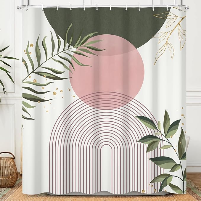 Boho Mid Century Shower Curtain, Pink Modern Minimalist Abstract Geometric Sage Green Gold Plant Leaves Bathroom Curtains Washable Waterproof Fabric Buthtub Curtain Set with Hooks 36" Wx72 L