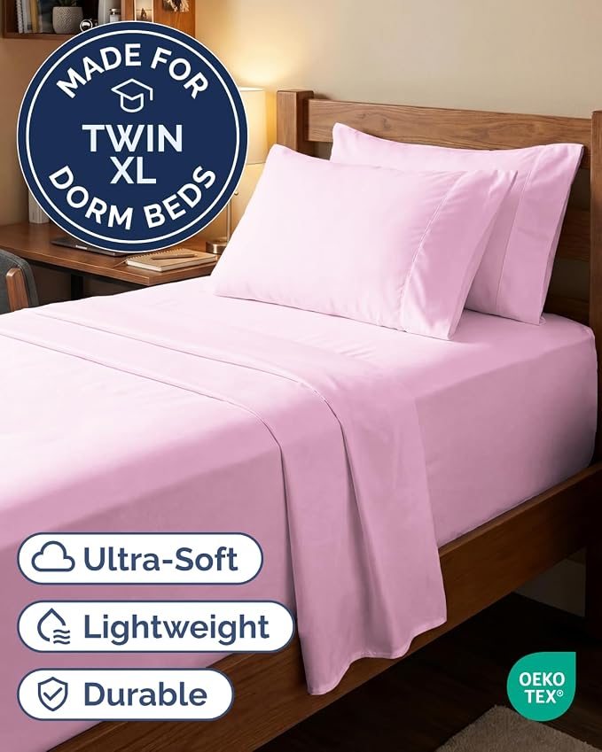 Extra Deep Twin XL Sheet Set - 4 Piece College Dorm Bed Sheets Set with Extra Deep Pockets - Ultra-Soft, Comfy & Breathable Bedding for Women, Men, Kids & Teens - Wrinkle & Fade Resistant - Light Pink