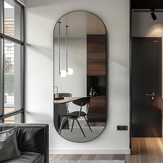 Arched Full Length Floor Mirror, Oval Full Floor Mirror, Large Wall Mounted Arched-Top Body for Living Room, Bedroom, Bathroom, Entryway, Dressing Room (Black, 64 * 21)