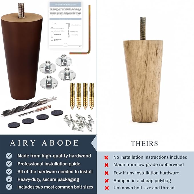 Premium Walnut Wood Furniture Legs (Full Install Kit) - Pick Your Size and Color