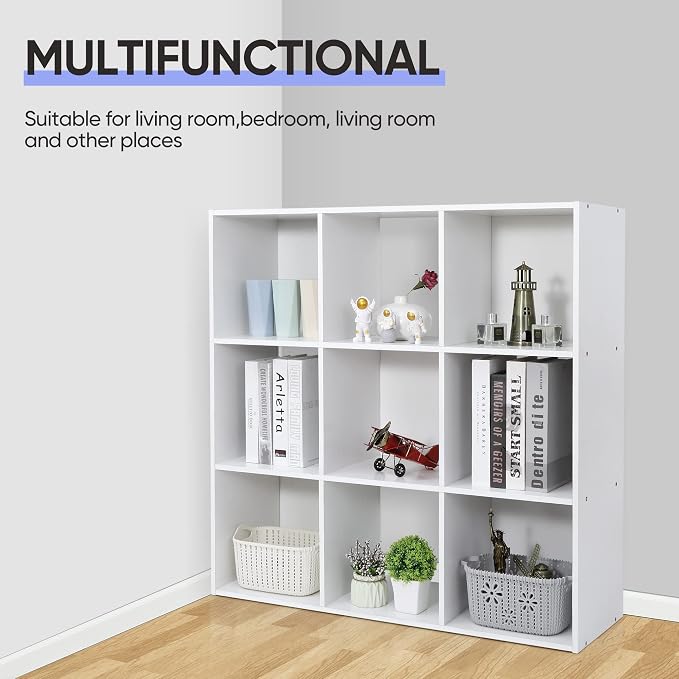 JupiterForce 9 Cube Storage Organizer, Wooden Cube Shelf W/ 5 Removable Back Panels, Customizable Cube Bookcase Bookshelf Freestanding Display Shelf for Home, Office, Bedroom and Living Room (White)
