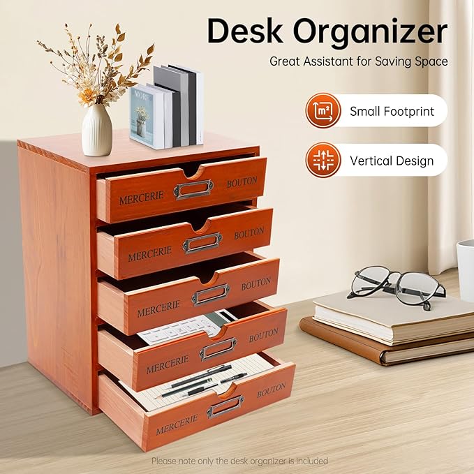 Vintage Wooden Organizer, 5 Tier Jewelry Organizer, Desk organizer, Wooden Drawer Tool, Craft Paper organizer Medicine Cabinet Organizerr with 5 Drawers, Brown