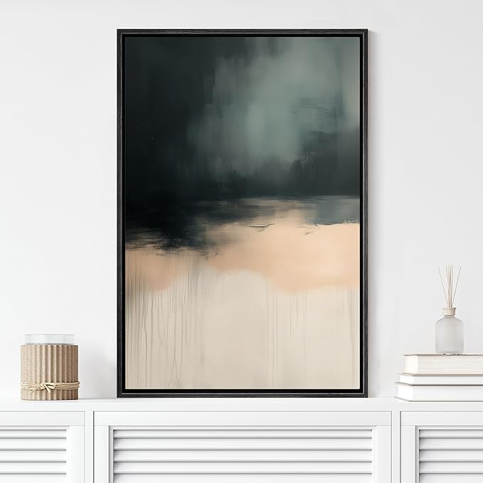 MUDECOR Framed Canvas Print Wall Art Dark Teal and Beige Drip Abstract Contemporary Gradient Illustrations Fine Art Decorative Zen Multicolor Country/Farmhouse Retro for Bedroom - 16"x24" BLACK