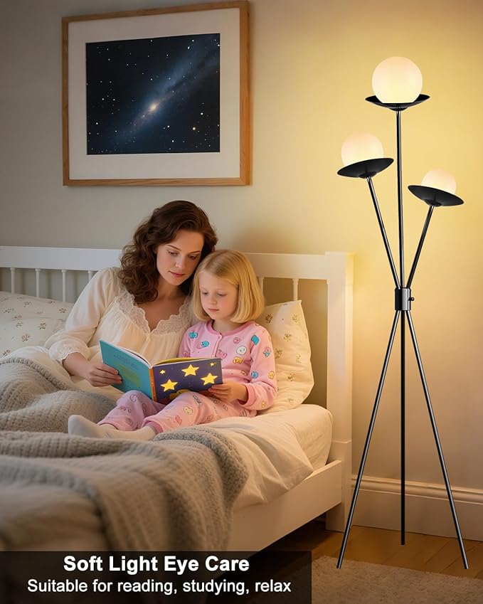 Lightdot Tripod Floor Lamp Dimmable Globe Floor Lamps with 3 LED Bulbs, 3000K Soft Warmwhite Mid Century Modern Standing Lamps Black Tall Lamp for Living Room/Bedroom/Sofa Beside/Corner Decor