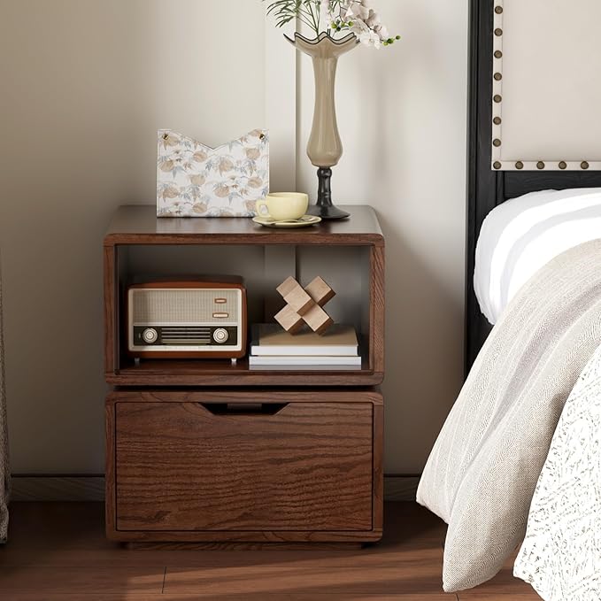 360° Rotatable Solid Oak Nightstand, Mid Century Modern Nightstand with Drawer, Small Swivel Side Table for Small Spaces, Wooden Bedside Tables for Bedroom, Living Room(Walnut,18.43" H)