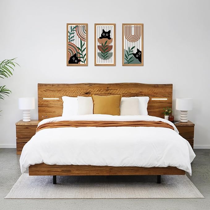 IARTTOP 3 Pcs Boho Black Cat Wall Decor Abstract Geometric Wood Wall Art Bohemian Cat Hanging Decor Mid Century Modern Artwork Decoration for Farmhouse Bedroom Living Room 7.9 x15.8 Inch