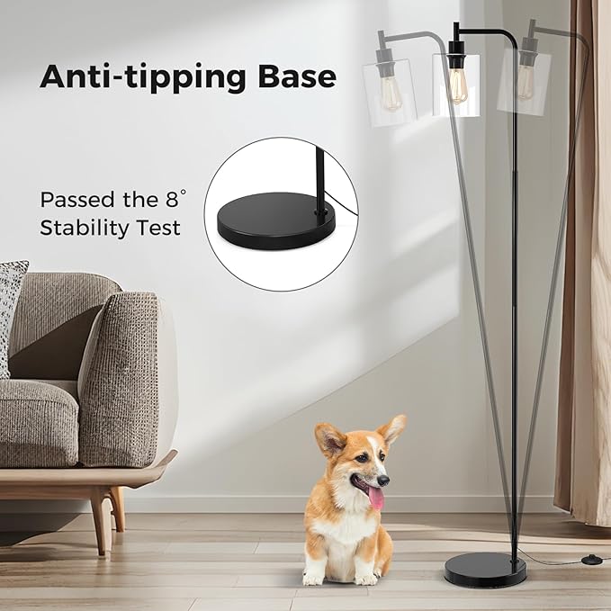 Tangkula Industrial Floor Lamp, Modern Standing Lamp with Hanging Glass Lampshade & Foot Switch, Tall Pole Light with E26 Standard Base for Living Room, Bedroom & Office (Black, 1-Light)