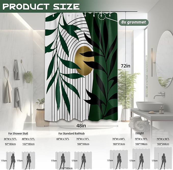 Olive Green and Gold Shower Curtain, Boho Modern Mid Century Shower Curtains for Bathroom Decor Set, Waterproof Fabric with Hooks, 48" W x 72" L