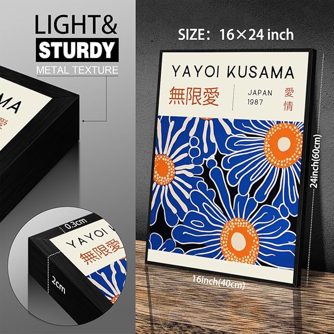 Yayoi Kusama Print Vintage Japanese Wall Art Abstract Yayoi Kusama Poster Minimalist Painting Art Exhibition Suitable for Japanese Bedroom,Living Room Office Decor 16x24in Black Framed