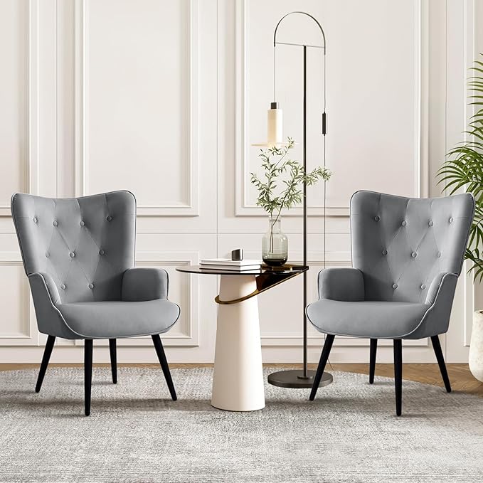 Furnimart Accent Chairs Set of 2, Grey Velvet Chair Reading Chair Armchair with High Backrest, Wingback Corner Chair Mid Century Modern Chair for Living Room, Bedroom, Waiting Room