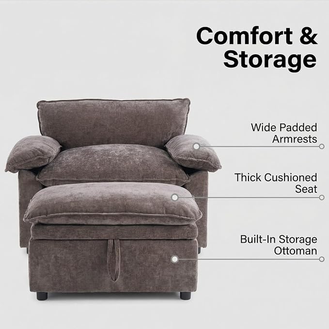 Furnimart Oversized Accent Chair with Storage Ottoman, Super Plush Cloud Chair with Chunky Cushion, Comfy Chenille Chaise Lounge for Living Room Bedroom Reading Nook(Brown)