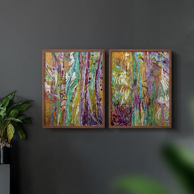 Renditions Gallery Set of 2 Peel & Stick Framed Prints, Modern Abstract Wall Art, Colorful Artistic Painting Wall Decor, Re-Stickable - Ready to Hang - 16"x20" - Walnut Frame LT588