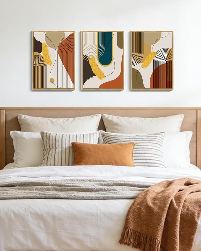 PHOPAGO Boho Abstract Framed Wall Art Modern Minimalist Luxury Gold Line Artwork Kitchen Dining Room Decor 11x14in Natural Framed