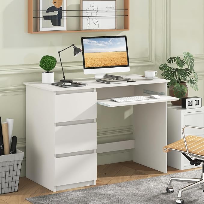 Tangkula White Desk with 3 Storage Drawers & Built-in Charging Station, Home Office Desk with Keyboard Tray, PC Desk Study Writing Table, Vanity Table for Bedroom, Computer Workstation (White)