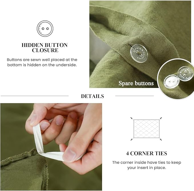 Simple&Opulence 100% Linen Duvet Cover Set, 3 PCS Natural French Flax Olive Green Duvet Cover Queen Size, Breathable Soft Comfy Linen Bedding Comforter Cover with 2 Pillowcases(Olive Green, 88"x92")