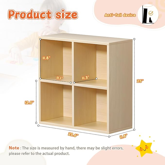 4 Cube Storage Organizer, Cubby Storage Organizer, Cube Shelf with Back Plate, Wooden Kids Bookcase for Toy, Solid Wood Cube Storage for Living Room/Bedroom/Hallway/School, Easy to Install
