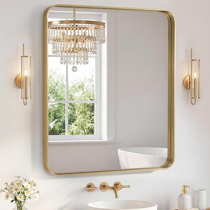 NEWBULIG 36X40 Inch Bathroom Mirror for Over Sink, Wall Vanity Mirrors Tempered Glass, Anti-Rust Metal Framed Rounded Rectangle, Hangs Horizontally or Vertically, Farmhouse Home Decor, Gold