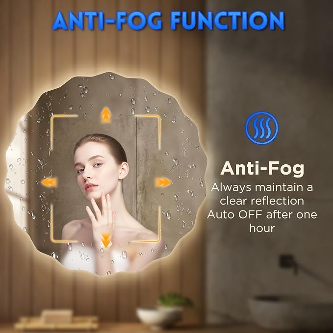 Round Led Bathroom Mirror- 24" Wavy Vanity Mirror with Lights IP54 Enhanced Anti-Fog,Single Piece 3 Colors Dimmable, Memory,Tempered Glass,UL Listed