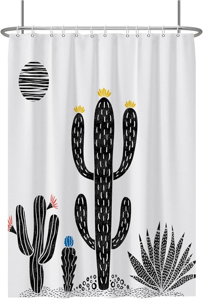Baocicoo Boho Cactus Shower Curtain Tropical Plants Minimalism Floral Abstract Moon Black and White Shower Curtains for Hotel Home Bathroom Polyester Waterproof Fabric with Hooks 72x96 Inches