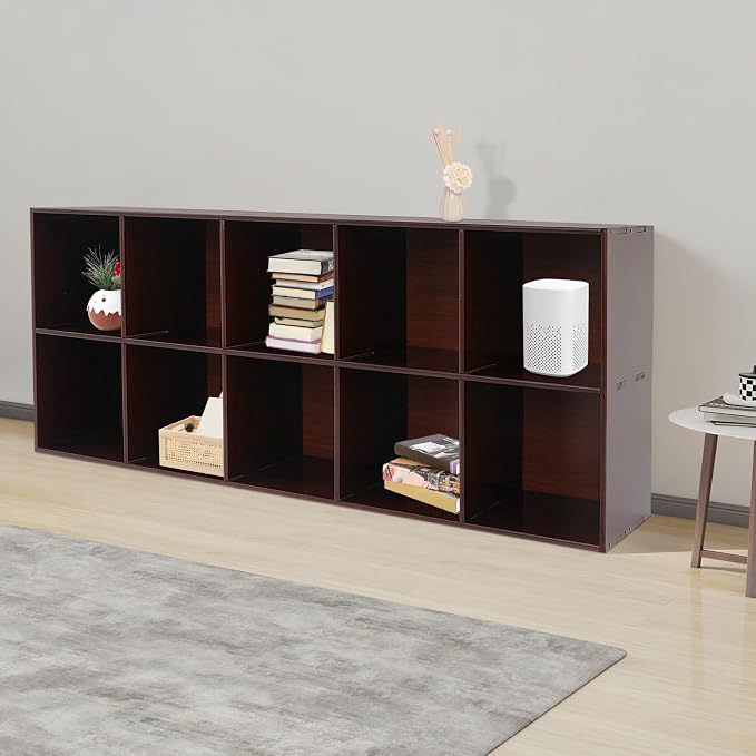 10 Cube Storage Organizer, Solid Wood Bookshelf, Vertical Or Horizontal Bookcase Horizontal Bookshelf, Bookcase for Bedroom, Living Room, Office (Walnut, 10-Cube, 2)