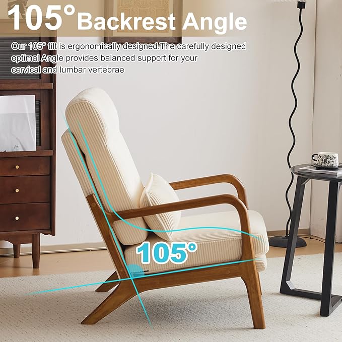 Karl home Mid-Century Modern Accent Chair, Living Room Chairs with Pillow High Back Corduroy Upholstered Lounge Armchair with Solid Wood Frame & Soft Cushion for Bedroom, Reading Room, Beige