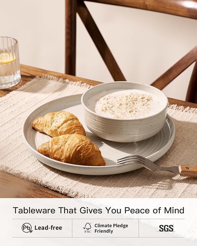 Stoneware Dinnerware Sets, Plate and Bowl Sets for 4, 12 Pieces Spiral Flared Dishware with Speckles and Reactive Glaze, Microwave Dishwasher Safe Family Tableware, Shell Beige