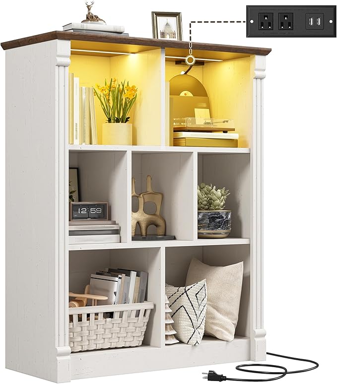 EnHomee 7 Cube Storage Organizer, Small Bookshelf with LED Light and Charging Station, Wood Book Shelf, Farmhouse Bookshelf for Living Room, Bedroom, Home Office,White