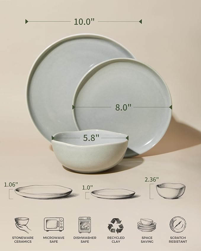 Pokini Dinnerware Sets for Family of 6, Ceramic Plates and Bowls Set, Kitchen Dish Set, Microwave & Dishwasher Safe Dishware, Highly Durable Reactive Glazed Dinner Set, Gray Green