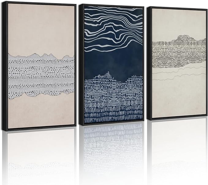 KUVIOKE Navy Blue Abstract Framed Wall Art Modern Neutral Minimalist Wooden Pastel Boho Wall Decor Farmhouse Rustic Art Painting Home Decor 16x24in (Black Framed)