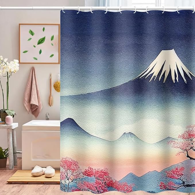 Mount Fuji Shower Curtain Japan Famous Landscape Cherry Flower Mountains Abstract Scenery Shower Curtains for Bathroom Accessories Waterproof Polyester Fabric with Hooks, 60 x 72 Inch