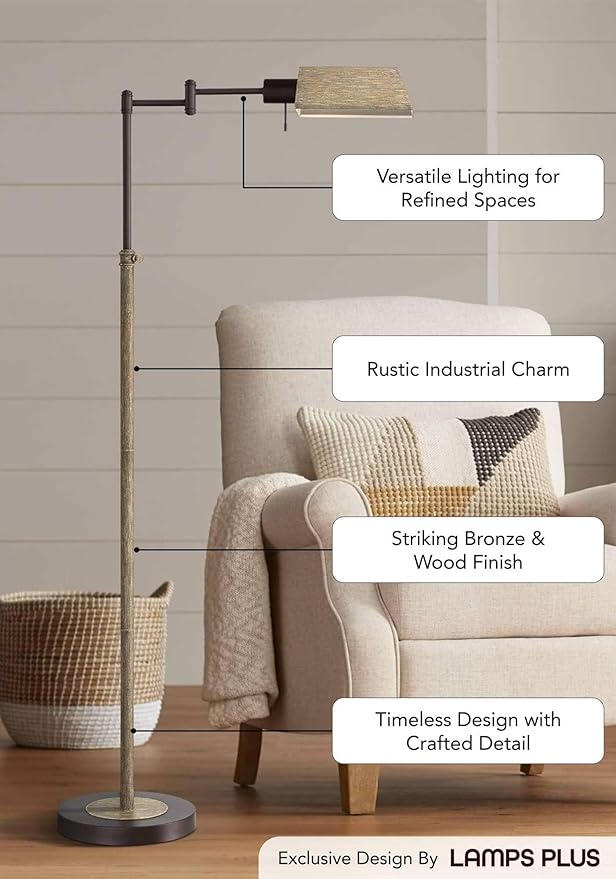 Regency Hill Jenson Rustic Farmhouse Pharmacy Floor Lamp Standing with USB Charging Port 54" Tall Bronze Faux Wood Adjustable Swing Arm for Cottage Core Living Room Reading Bedroom Office House Home