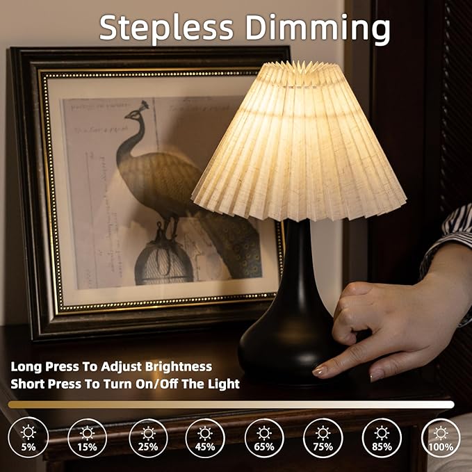 MJ PREMIER Cordless Lamp, Rechargeable Table Lamp with Touch Control, Metal Base, Easy Assembly, Stepless Dimming Pleated Lamps for Bedroom/Tabletop/Corner/Entryway (White)