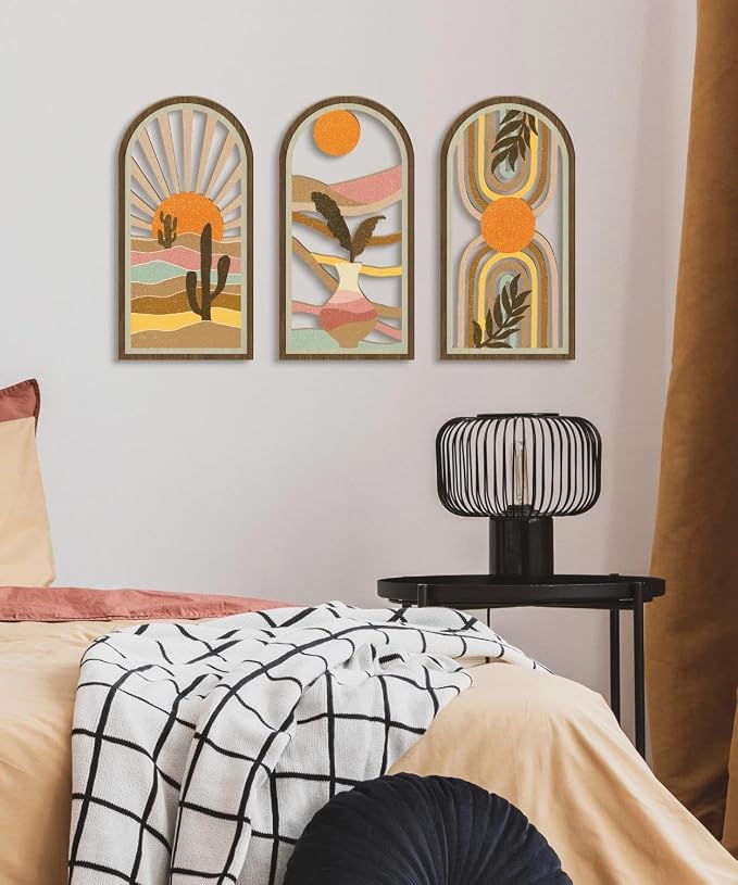 Putuo Decor Boho Wall Art Set of 3, Modern Minimalist Wooden Wall Decor, Desert Cactus Sun Abstract Aesthetic Room Decorations, Mid-Century Artwork for Living Room, Bedroom, Office (White, 16×8 in