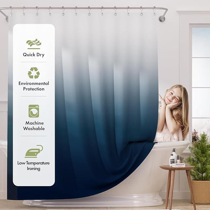 AmazerBath Shower Curtain, Cloth Ombre Blue Curtain Set with 12 Hooks, Washable Fabric Navy and White Curtain, Rustic Farmhouse Bathroom, 72x72 Inches