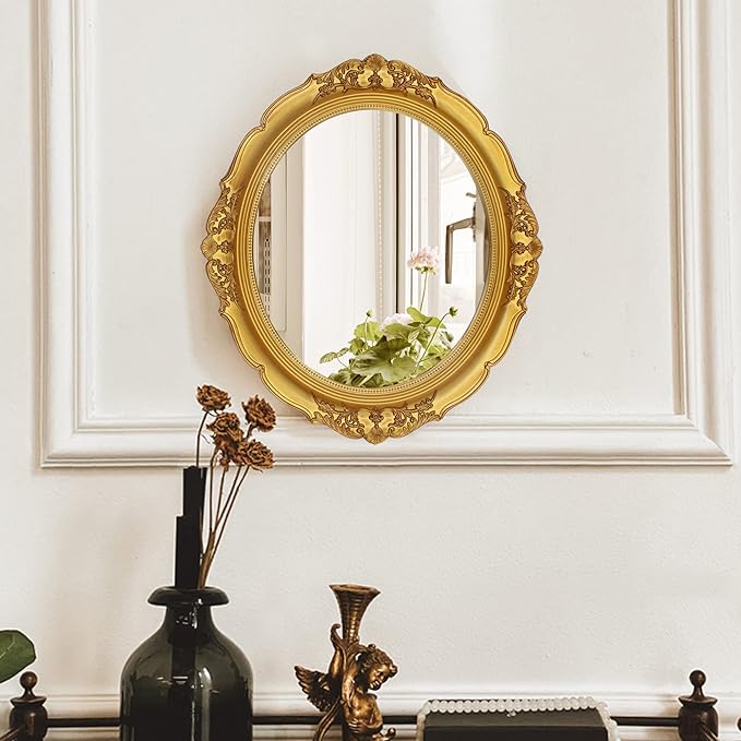 Eaoundm 13.1 x 14.8 inchs Decorative Wall Mirror,Vintage Hanging Mirrors for Bedroom Living-Room Dresser Decor Oval (Gold)