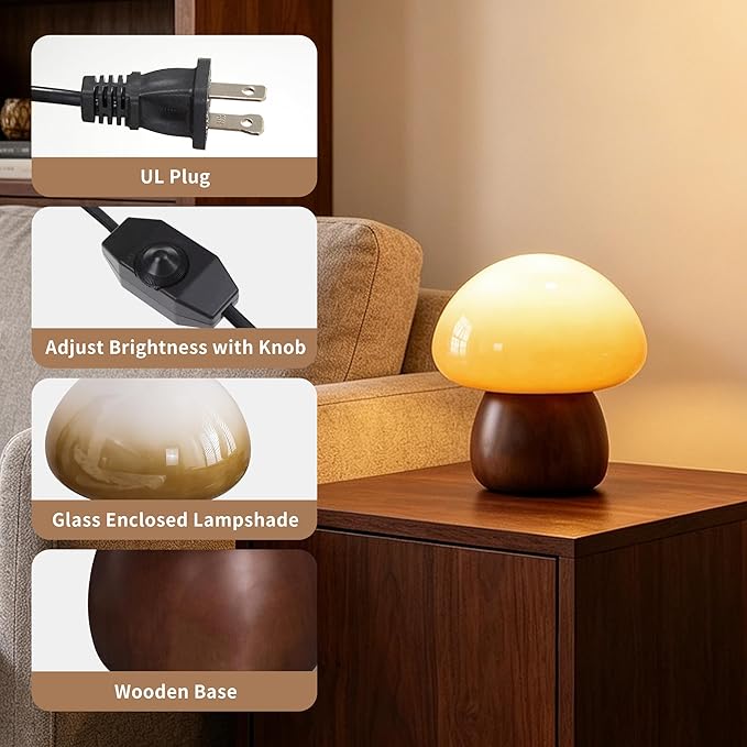 Wooden Base Small Table Lamp for Bedroom 60W Mushroom Table Lamps Gradient Colored Glass Shade Modern Side Table and Desk Lighting H 8.07 in (The Light Bulb is Included)