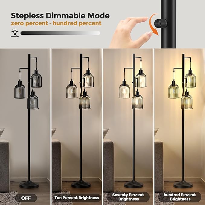Stepless Dimmable Floor Lamps with Hanging Lampshades 3 Lights Boho Floor Lamps with 3 PCS 6W Bulbs Tree Standing Lamp Tall Pole Lamp for Living Room Bedroom Office, Black