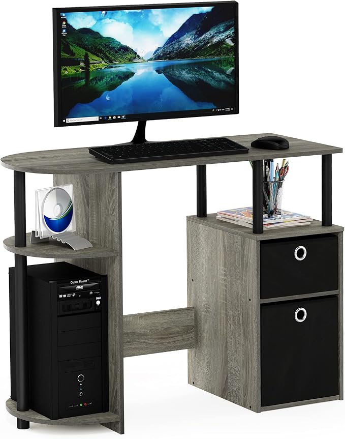 Furinno JAYA Desk, 38.4" Wide Gaming Desk with Bin Drawers, Computer Desk with Side Shelf, Office Desk for Study, Home Office, Bedroom, Dorm, Study Room, French Oak