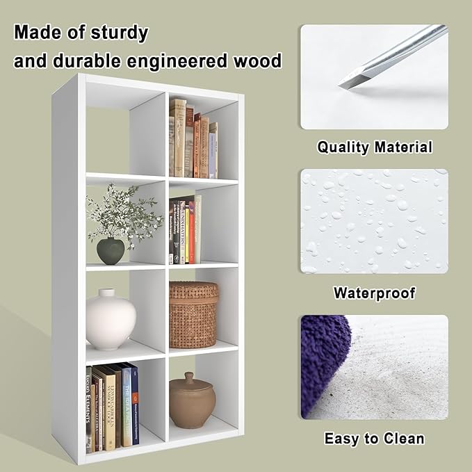 CTESNE【2026 Wooden Thick Frame 8 Cube Storage Organizer Shelf with Anti-Tipping Kits + Reversible Open Back Bookcase, Horizontal and Vertical Dual-use（White,11inch）