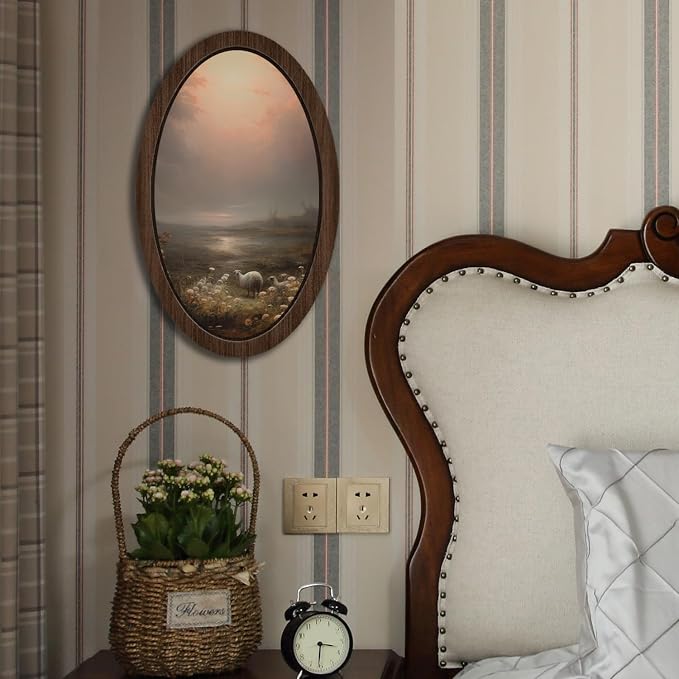 UYIKG Vintage Farmhouse Sheepa Oval Wall Art Decor,Rustic Cottagecore Lambs Floral Oval Wooden Framed Decor for Home Bedroom Theme Room Reading Room 9x14.6 in