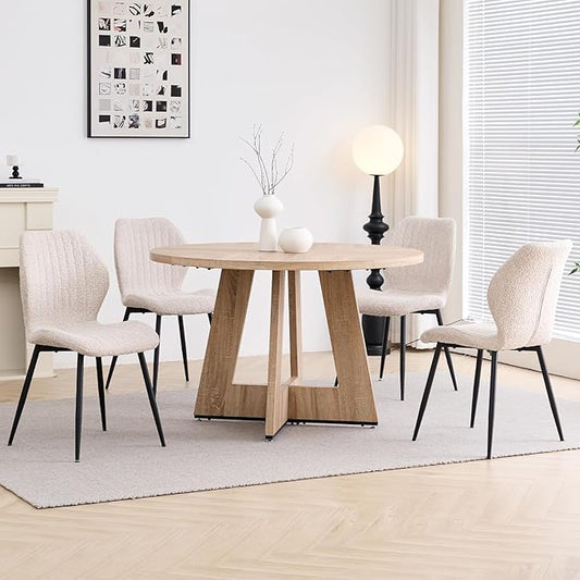 47" Round Dining Table Set for 4 with Chairs Kitchen Table and Chairs Set Mid-Century Modern Chair with Metal Leg for Apartment Living Room(Natural Table with 4 Beige Chairs)