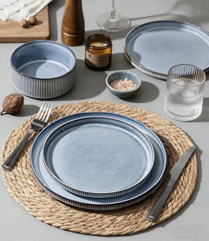 GBHOME 12-Piece Stoneware Dinnerware Set for 4 – Ribbed Ceramic Plates and Bowls, Scratch-Resistant, Microwave & Dishwasher Safe, Reactive Glaze, Deep Tidal Blue