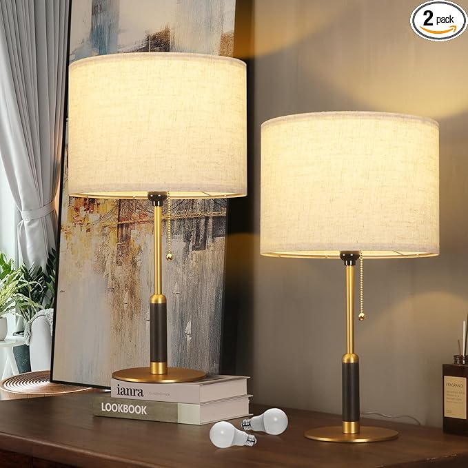 21" Set of 2 Mid Century Modern Table Lamp with Pull Chain Switch, 3-Color Bedside Lamps for Bedroom Living Room, Solid Wood/Metal/Fabric Nightstand Lamp for Home Office (Light Brown+Brass)